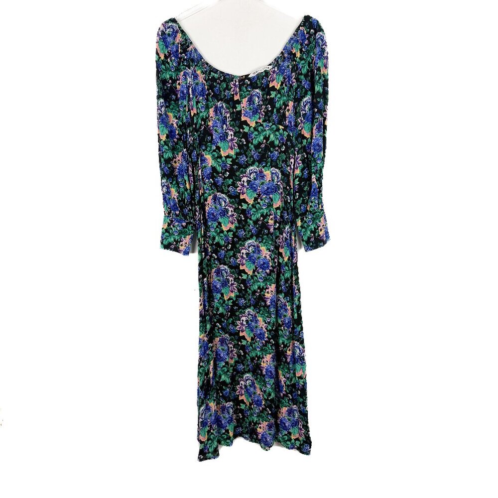 Zara Floral Long Sleeve Midi Dress Black Size Small S EUC